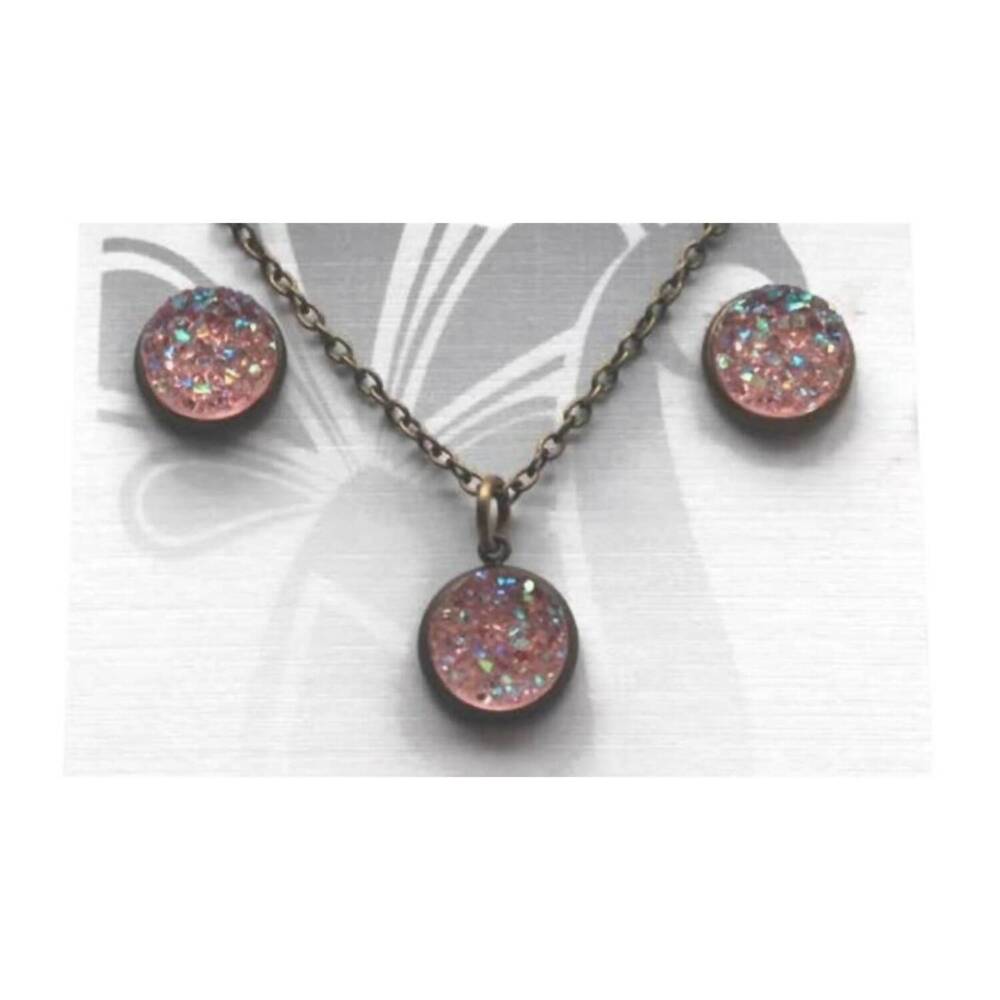 NEW GLEEFUL PEACOCK women's iridescent druzy bezel pendant necklace & stud earri